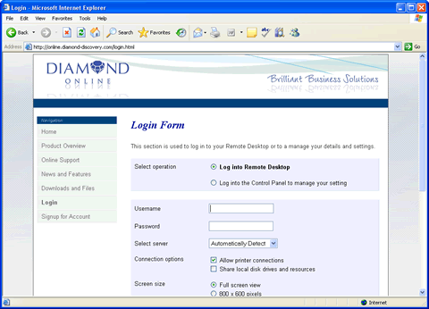 Screenshot of Diamond Online login via the web