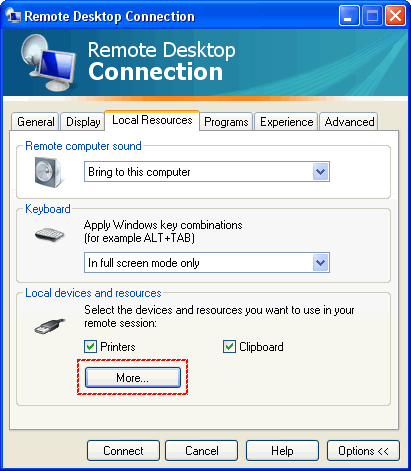 remote desktop connection local resources not showing